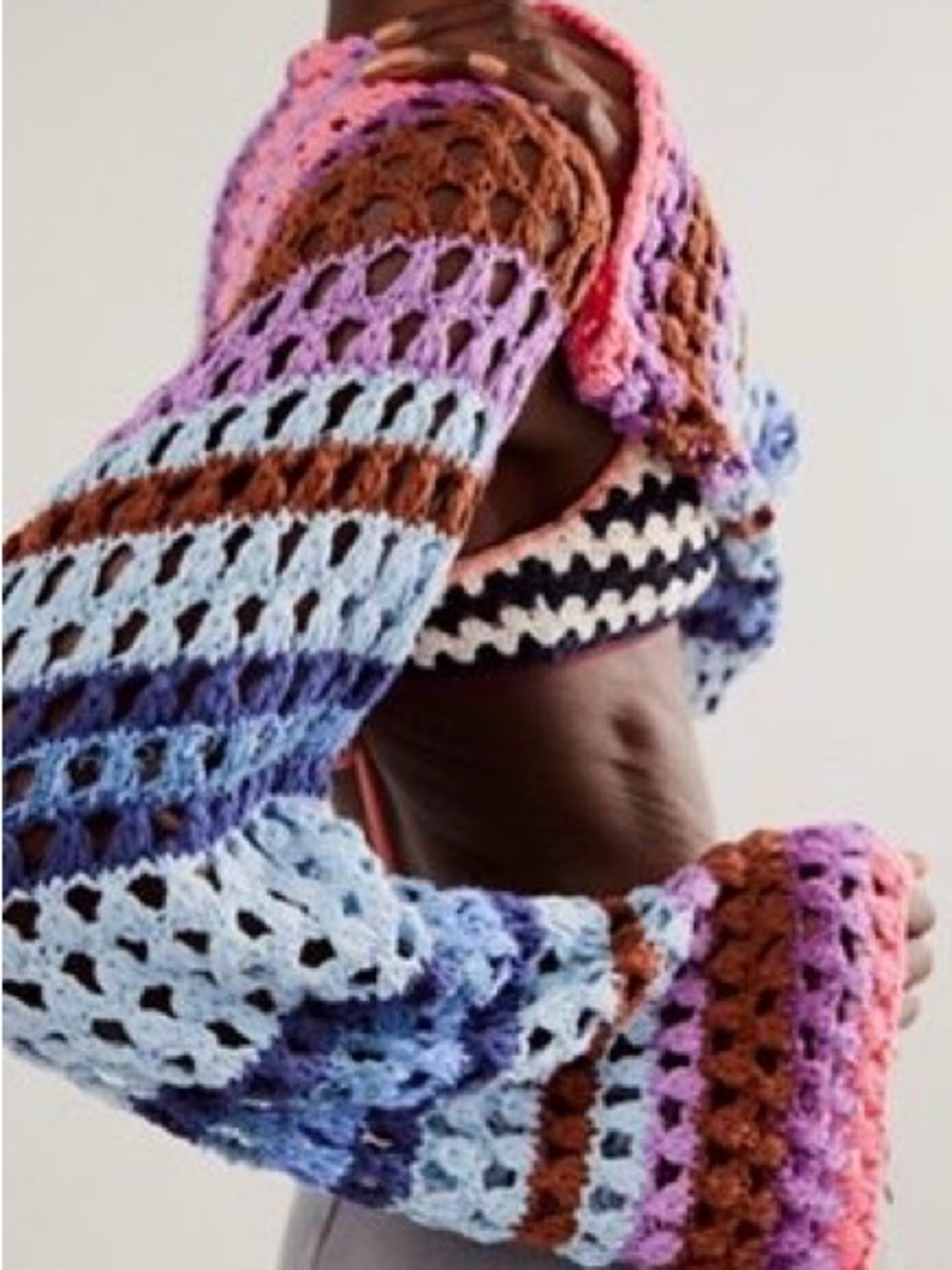 Free People Crochet Open-Weave Colorblock Wrap in Light Blue, Purple & Brown